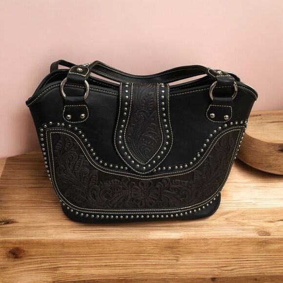 Montana West Concealed Leather Pockets Studs Flowers Tooling Imported - Picture 1 of 5